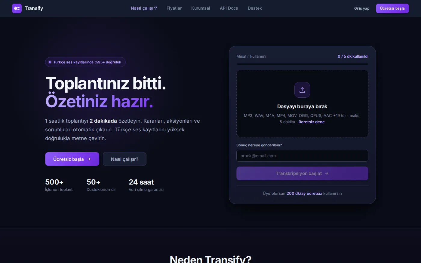 Transify AI ana sayfası: toplantı kaydı yükleme ekranı